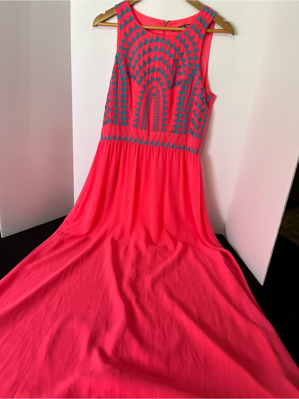 Gianni Bini Neon Pink Maxi Dress with Blue Embroidered Bodice